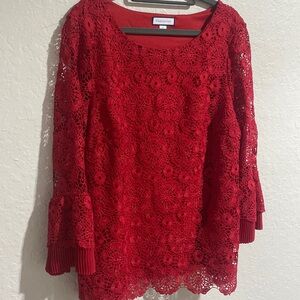 Charter Club L top Red lace sleeves